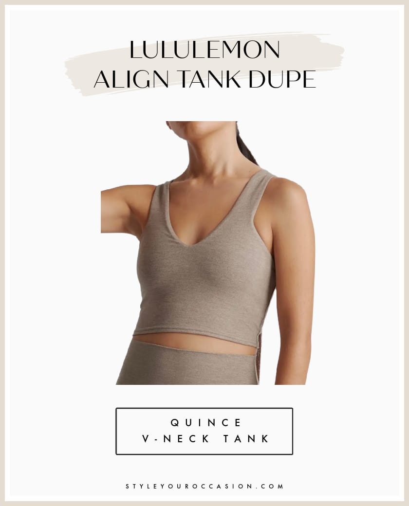 An image board of a beige V-neck Lululemon Align tank top dupe from Quince