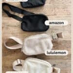image comparing four belt bags, two black, two beige fleece, two lululemon belt bags and two dupes from amazon