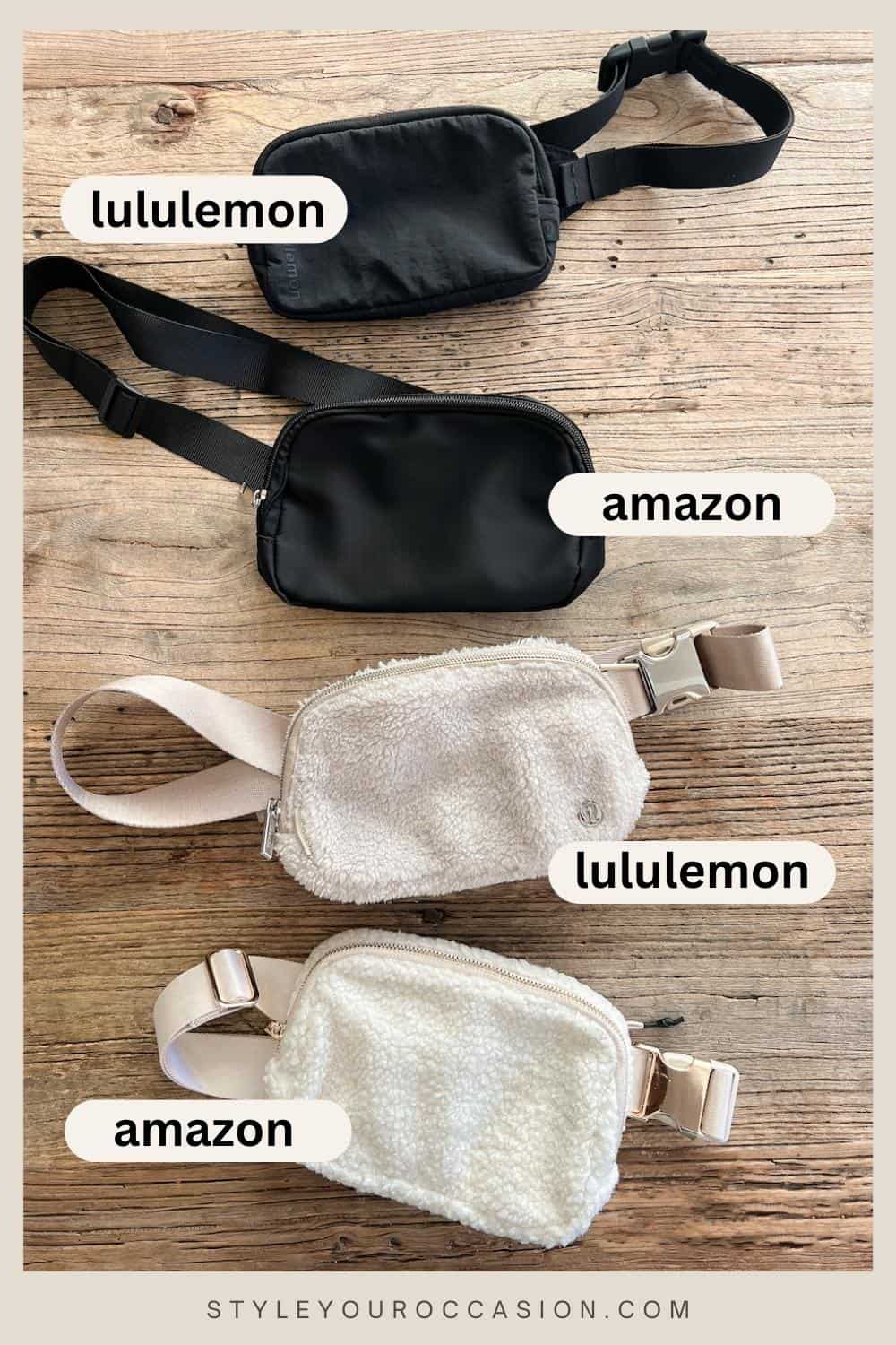 image comparing four belt bags, two black, two beige fleece, two lululemon belt bags and two dupes from amazon