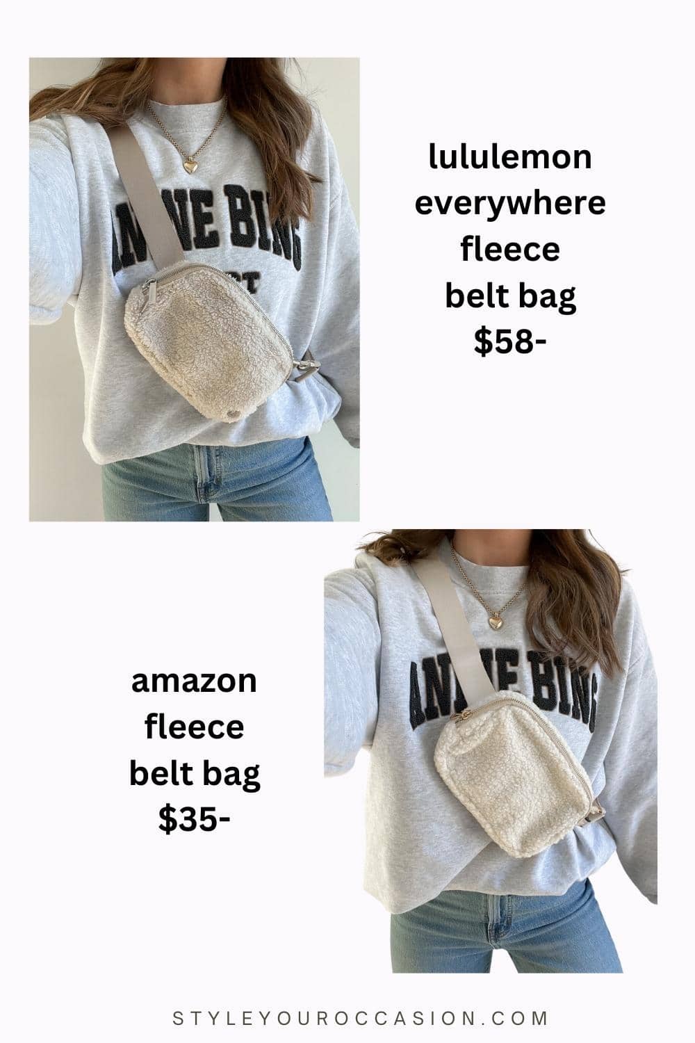 image comparing a woman wearing two fleece belt bags, one from lululemon, and one a dupe from amazon
