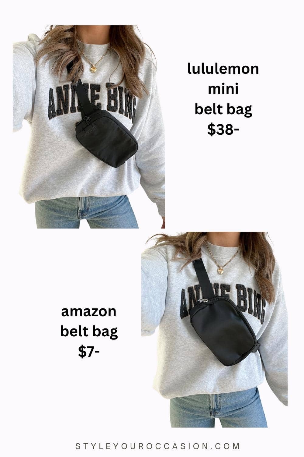 image comparing a woman wearing two black belt bags, one from lululemon, and one a dupe from amazon
