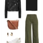 image of a style mood board with green wide leg pants, a black tank top, black leather jacket, brown purse, gold earrings, and white sneakers