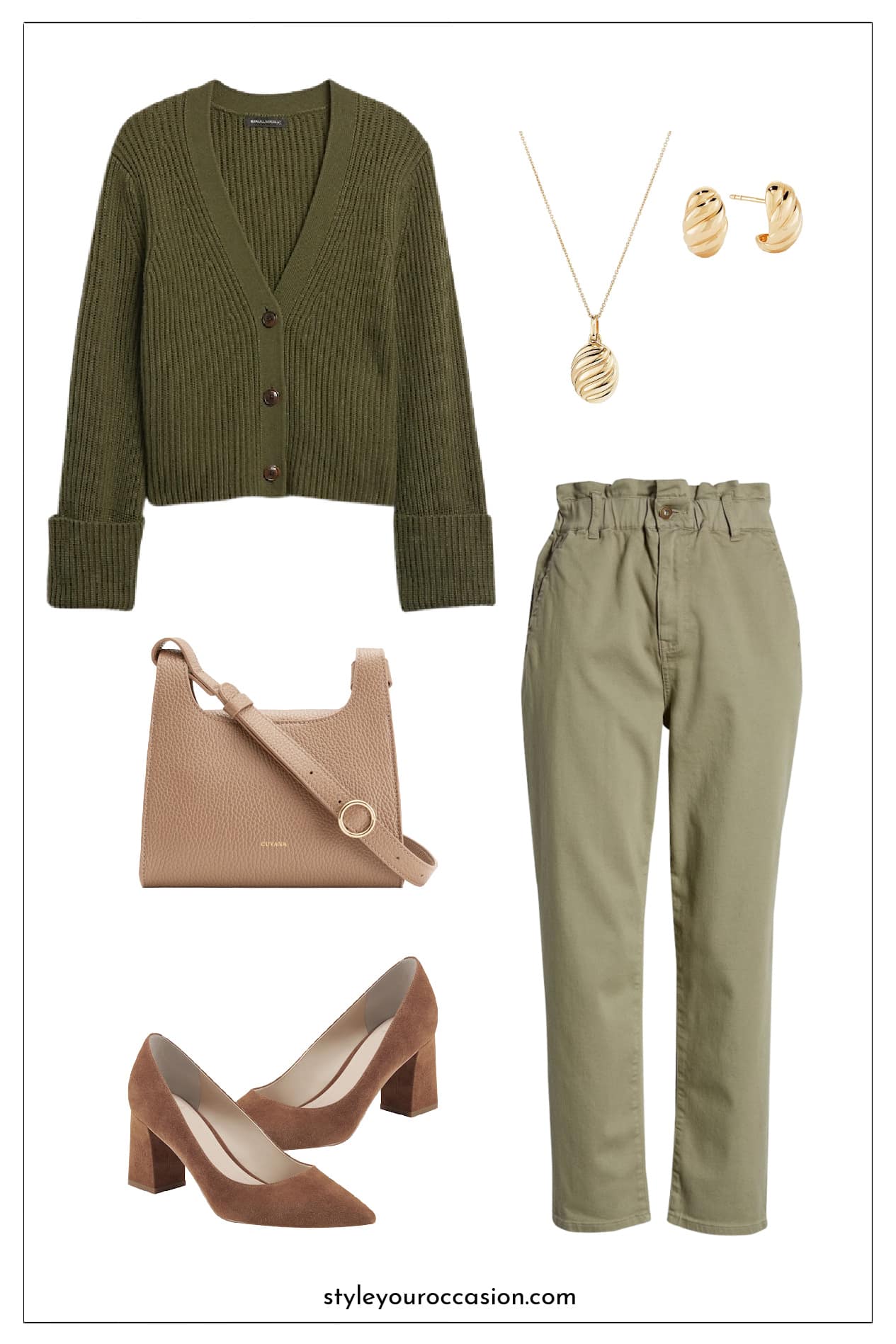 image of a style mood board with an outfit with green pants, a green knit cardigan, a nude bag, brown suede heels, and gold jewelry