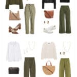 collage of four stylish outfits for women with green pants