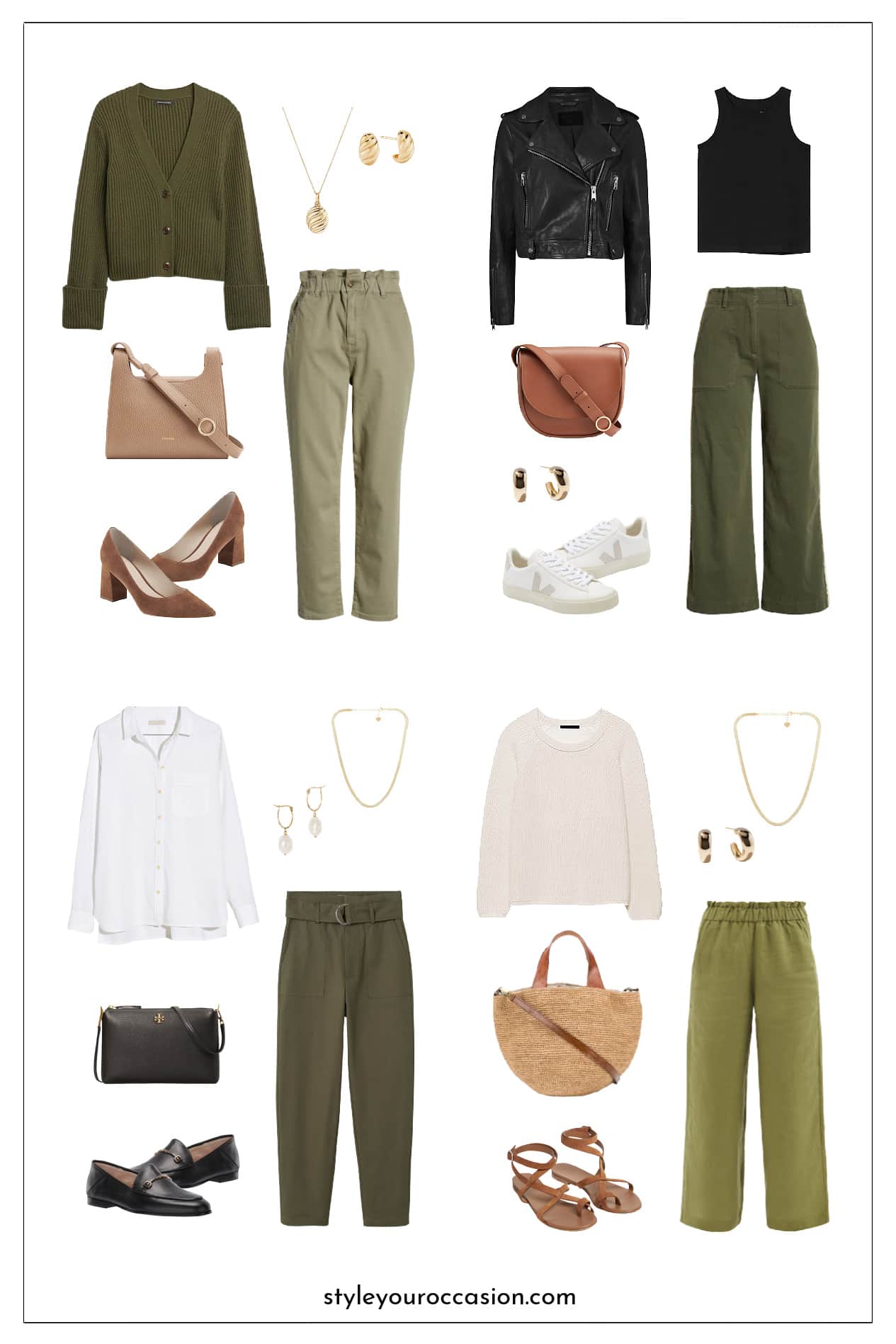 collage of four stylish outfits for women with green pants
