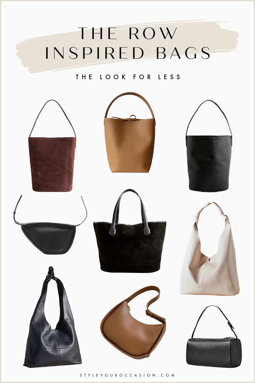 An image board of The Row bag dupes including the 90s bag, the tote bag, and the banana bag