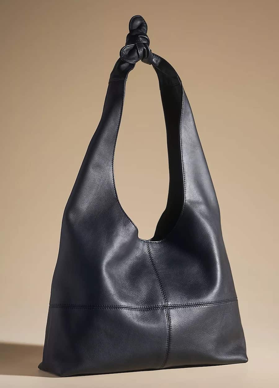A black leather The Row brindle bag dupe from Anthropologie