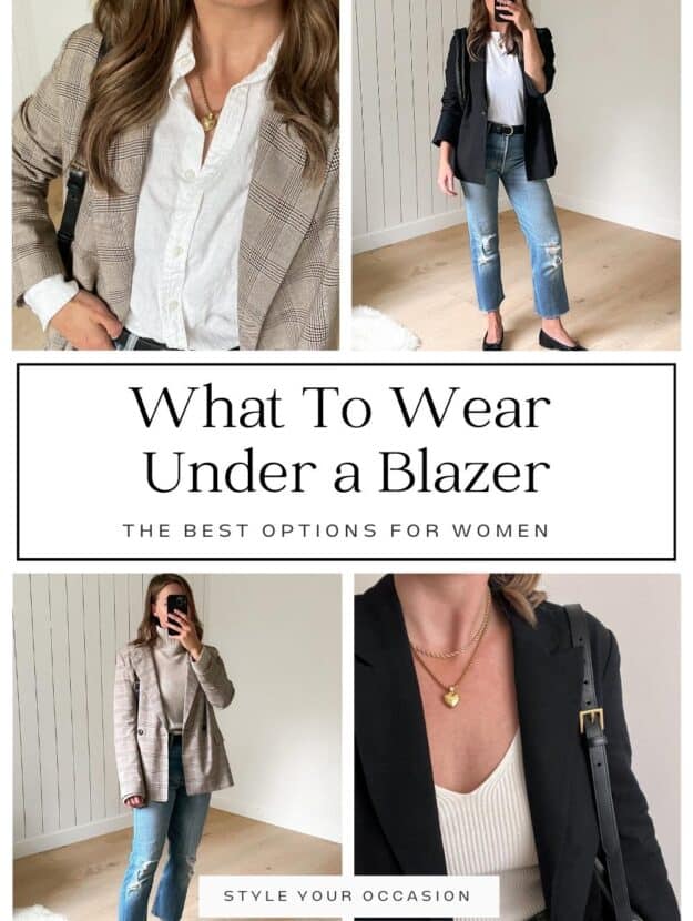 collage of four images of a woman wearing a black or plaid blazer with different tops under
