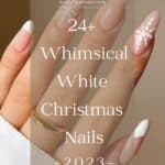 image of a hand with nude nails with a dainty white snowflake design