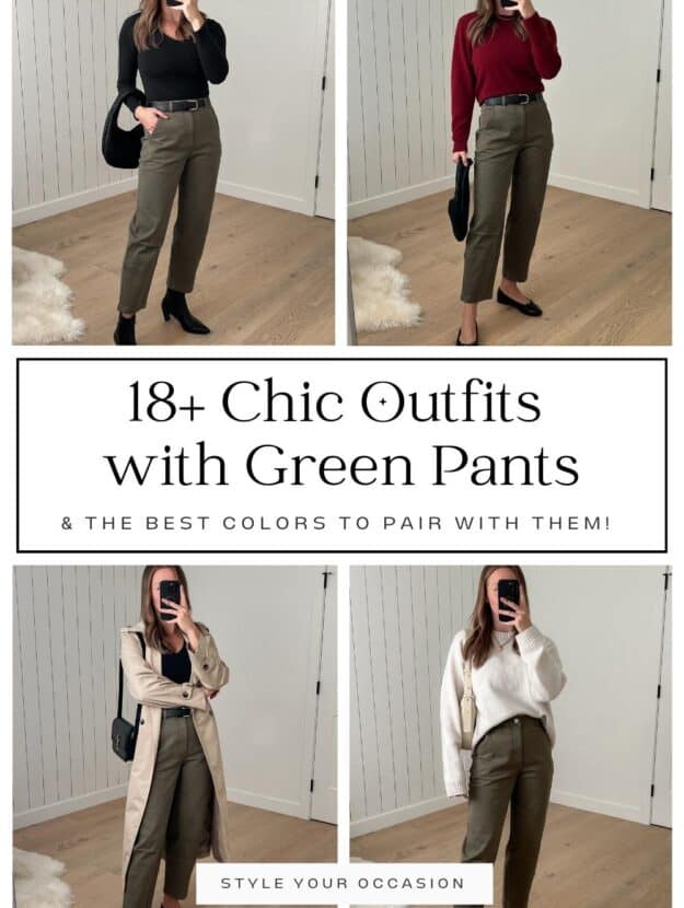 collage of a woman wearing four different outfits with olive green pants