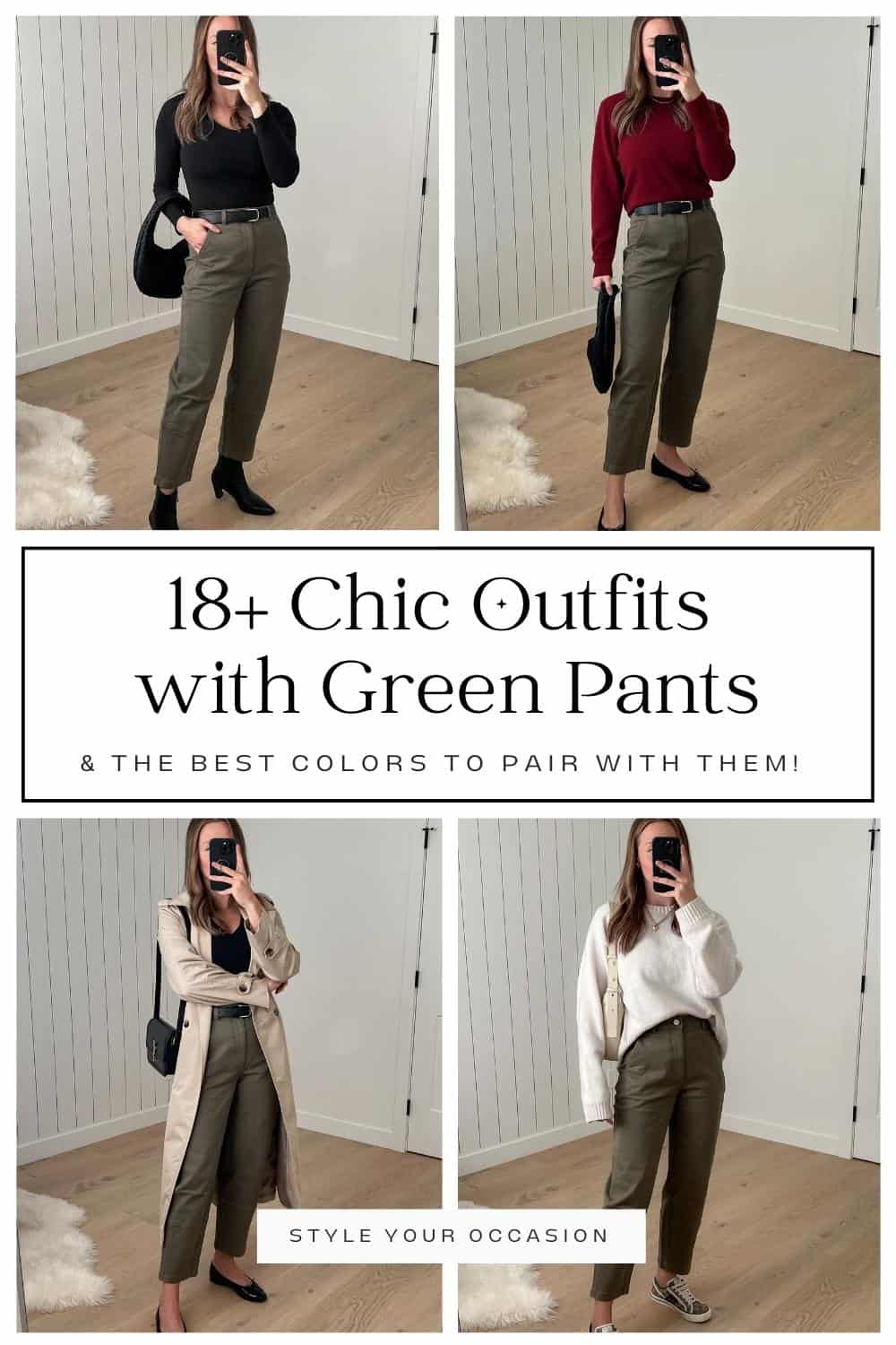 collage of a woman wearing four different outfits with olive green pants