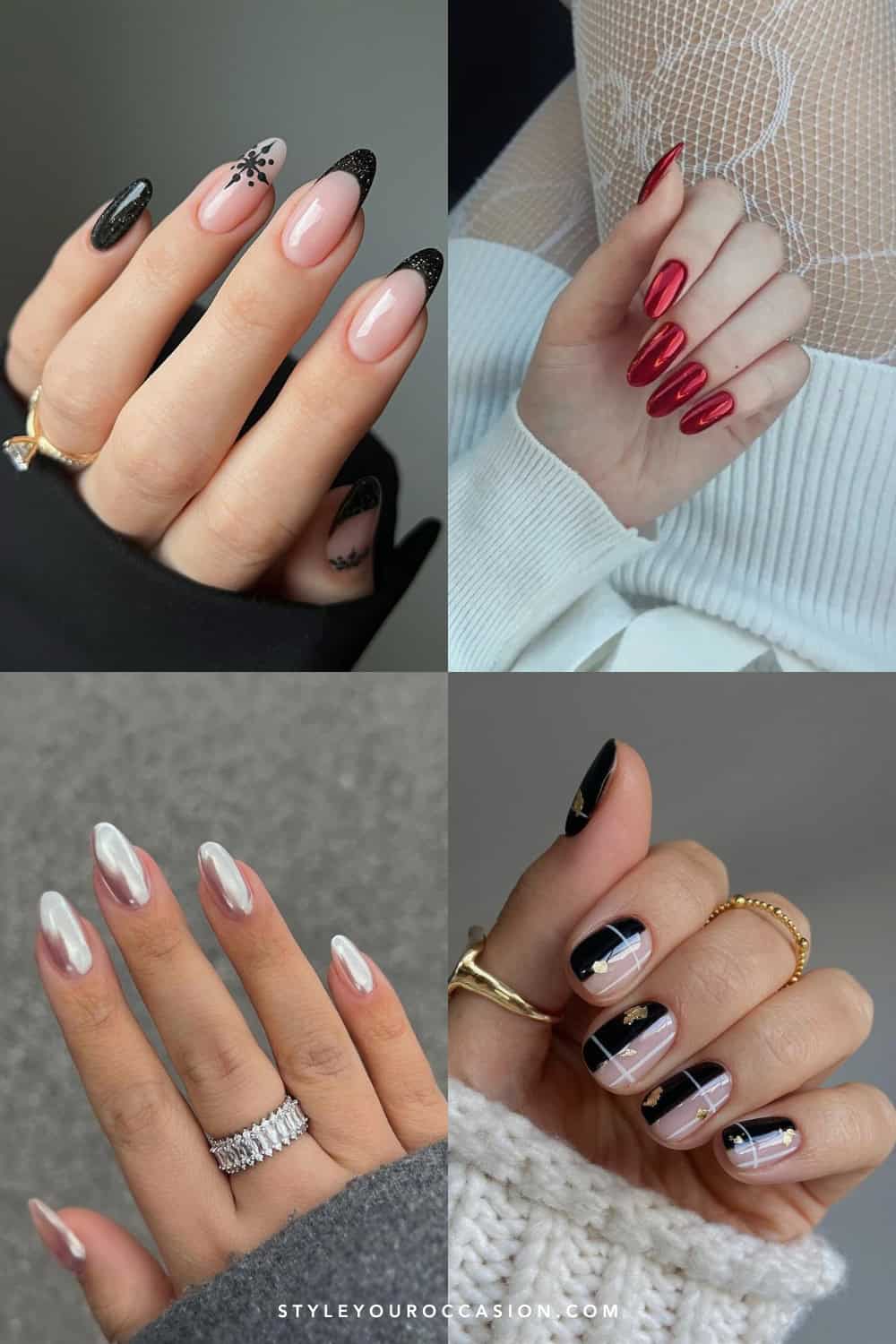 collage of four hands with elegant and classy winter nail designs