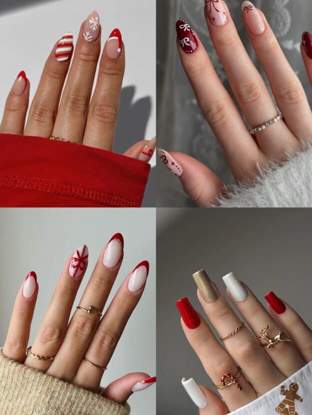 collage of four hands with red and white Christmas nail designs