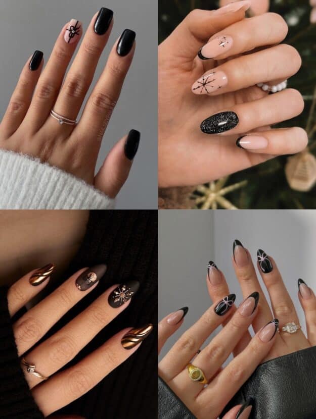 collage of four hands with black Christmas nails and nail designs