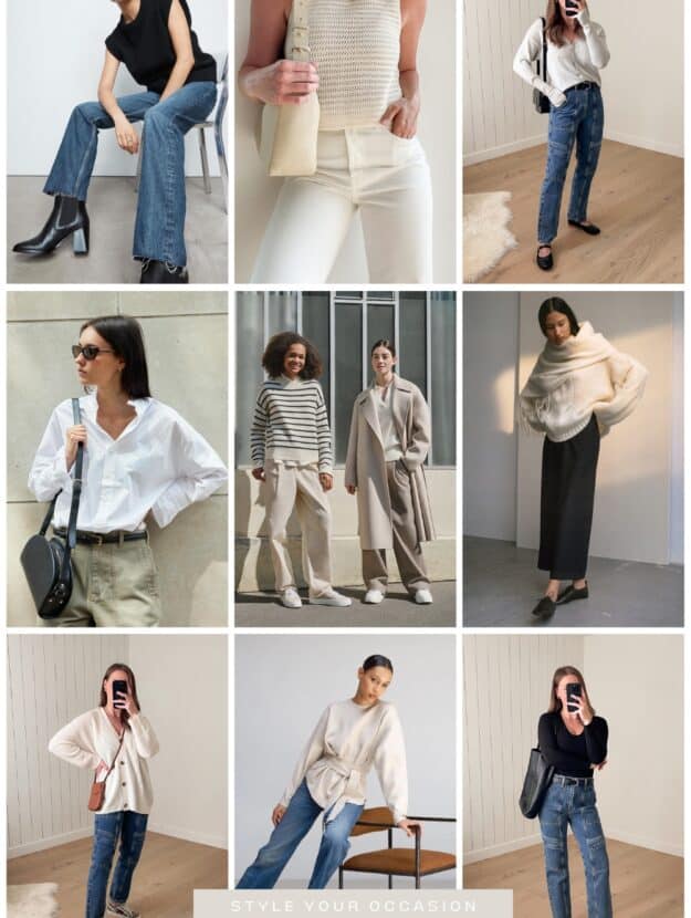 collage of women wearing neutral outfits from stores like Everlane