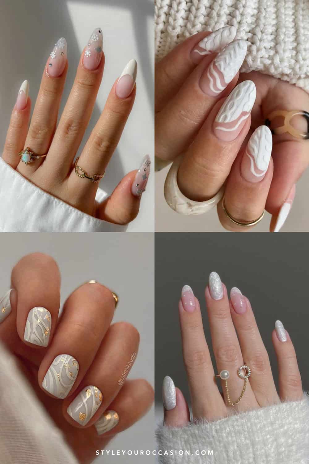 collage of four hands with beautiful white Christmas nails