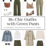 collage of four different outfit graphics for women featuring green pants