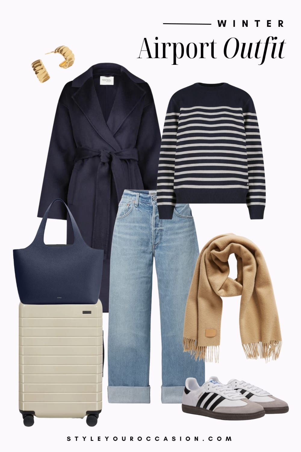 Graphic of a winter airport outfit including jeans, a striped sweater, a navy coat and sneakers.
