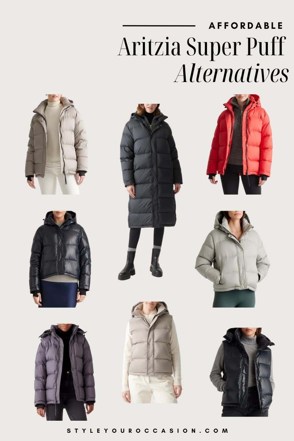 collage graphic of 8 different coats and vest that are dupes of the Aritzia Super Puff