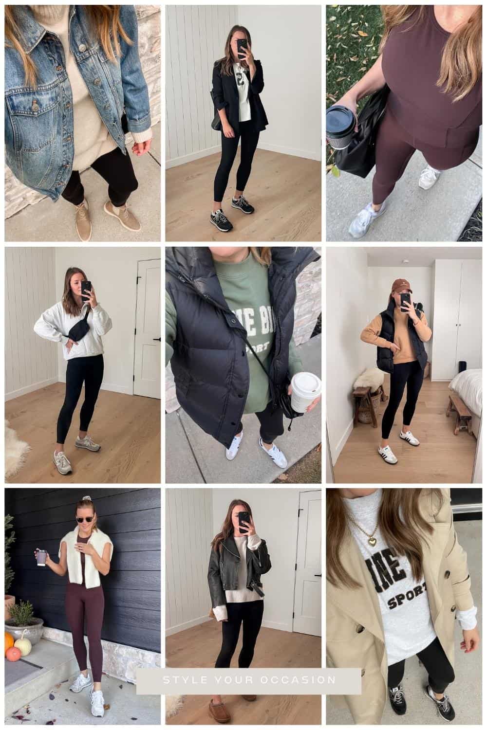 collage of a woman wearing different casual leggings outfits for fall and winter