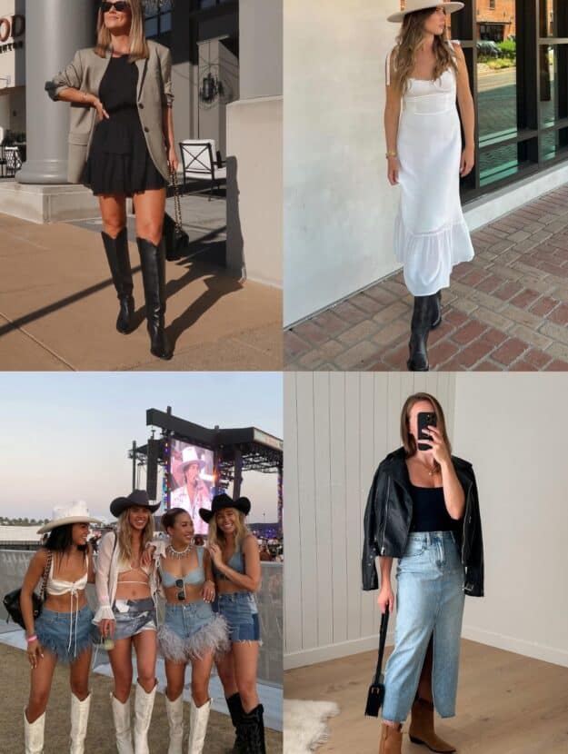 collage of four women wearing stylish country concert outfits
