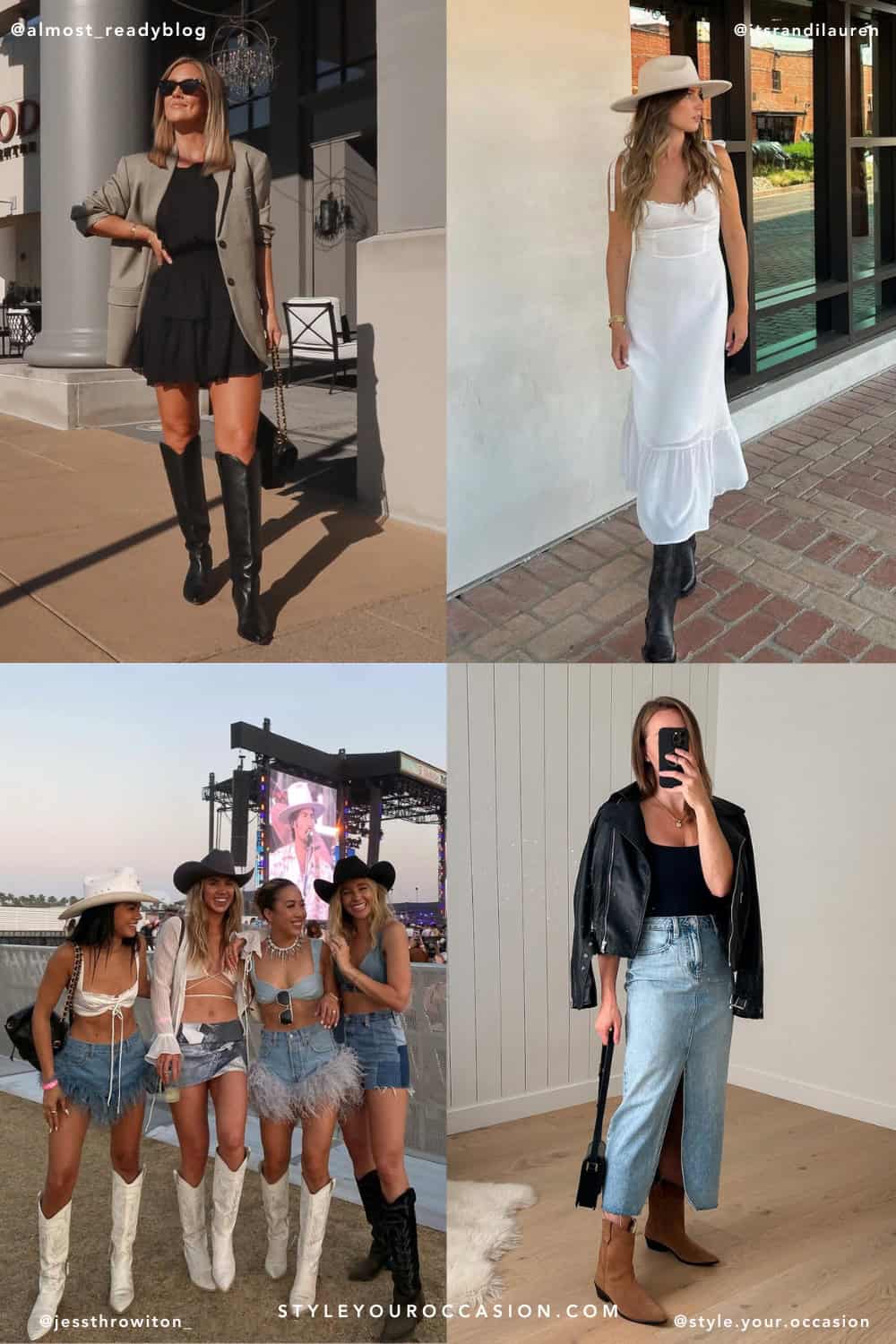 collage of four women wearing stylish country concert outfits
