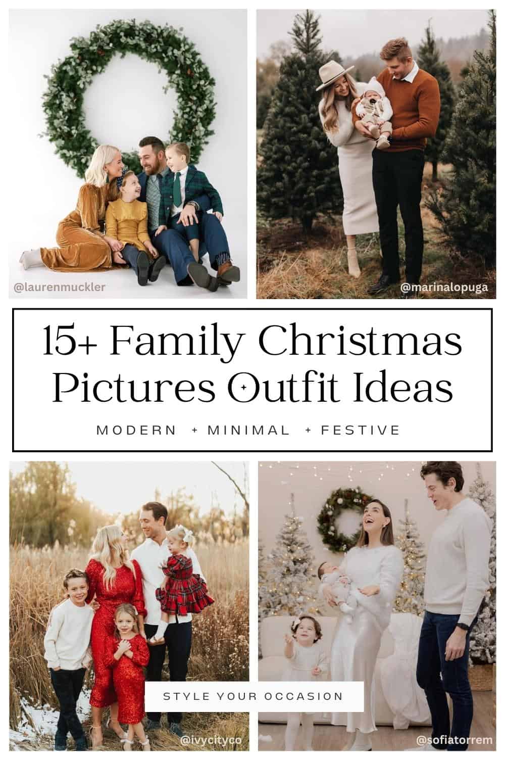 collage of family Christmas photos with four families wearing stylish and modern Christmas outfits