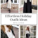 collage of a woman wearing four holiday outfits with cream, black, and grey pieces
