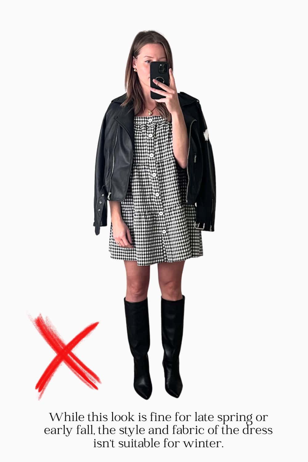 A graphic of Christal showing what dress style not to wear in the winter.