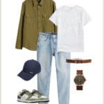 collage graphic of a mens outfit with green overshirt, white t-shirt, light blue jeans, and green and white Nike sneakers