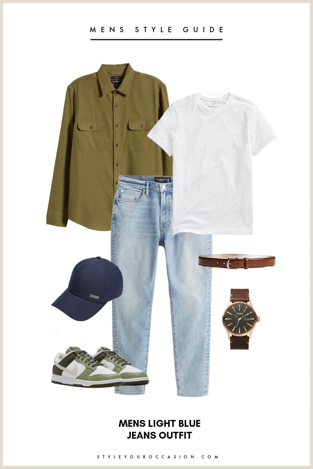 collage graphic of a mens outfit with green overshirt, white t-shirt, light blue jeans, and green and white Nike sneakers