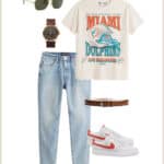 collage graphic of a mens outfit with a graphic t-shirt, light blue jeans, and orange and white Nike sneakers