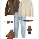 collage of a mens outfit with a brown bomber jacket, cream knit sweater, light blue jeans, brown boots, and a brown belt