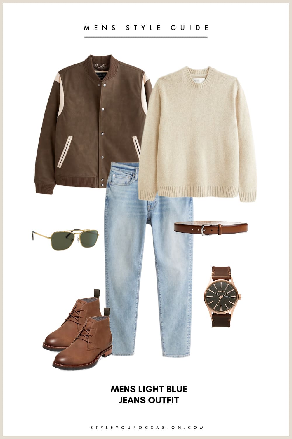 collage of a mens outfit with a brown bomber jacket, cream knit sweater, light blue jeans, brown boots, and a brown belt