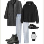 collage graphic of a mens outfit with black hoodie, dark grey wool coat, light blue jeans, and dark grey boots