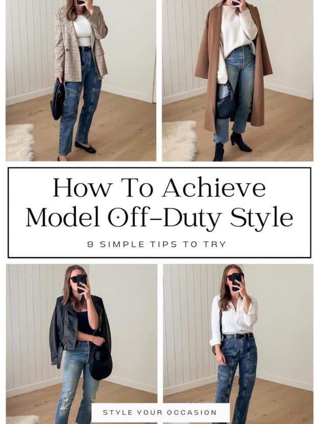 How to get model off-duty style graphic of a woman wearing four different casual outfits with jeans and neutral pieces.