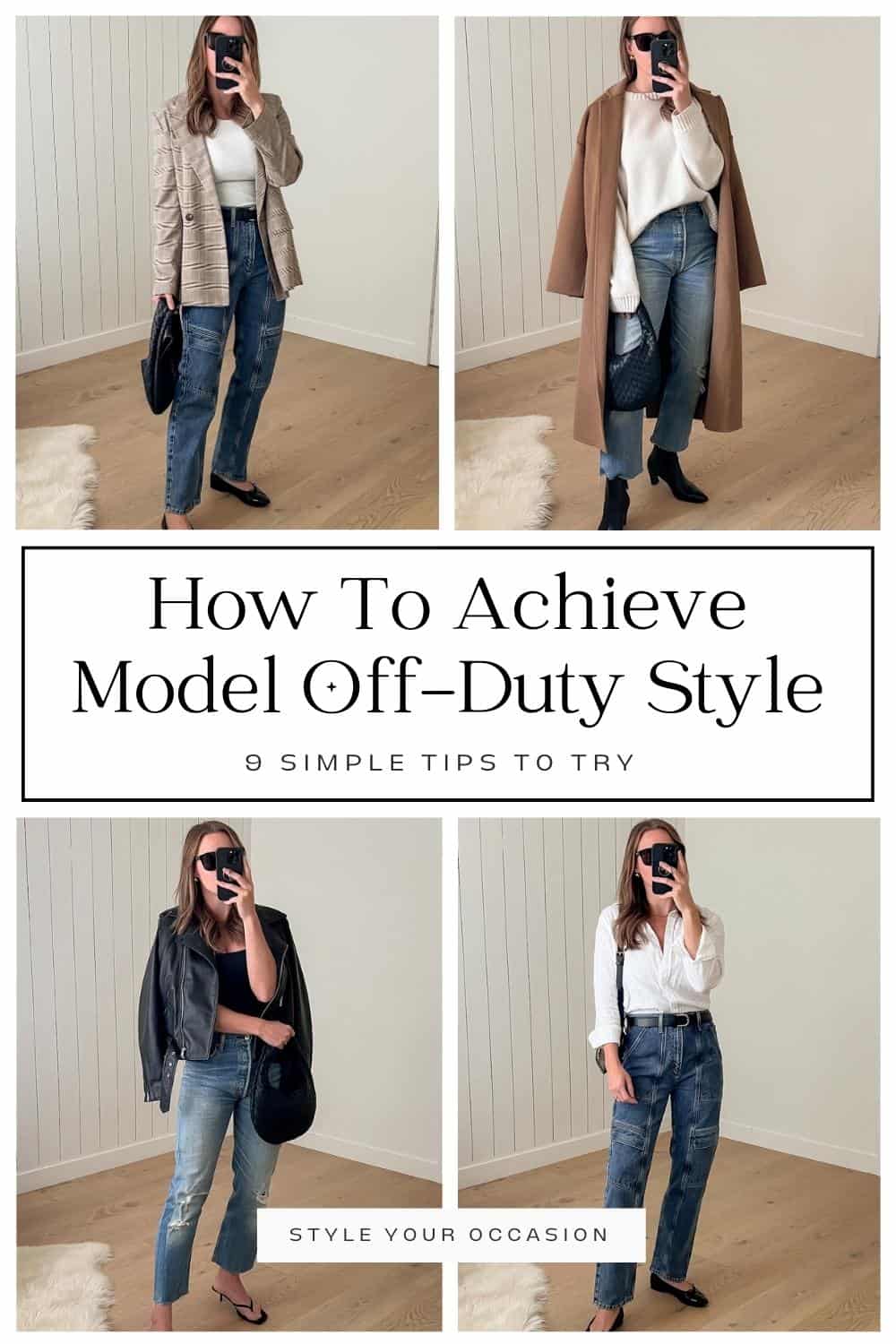 How to get model off-duty style graphic of a woman wearing four different casual outfits with jeans and neutral pieces.