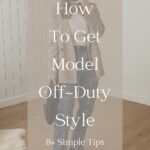 How to get model off-duty style graphic of a woman wearing jeans, ballet flats a white t-shirt and a plaid blazer.