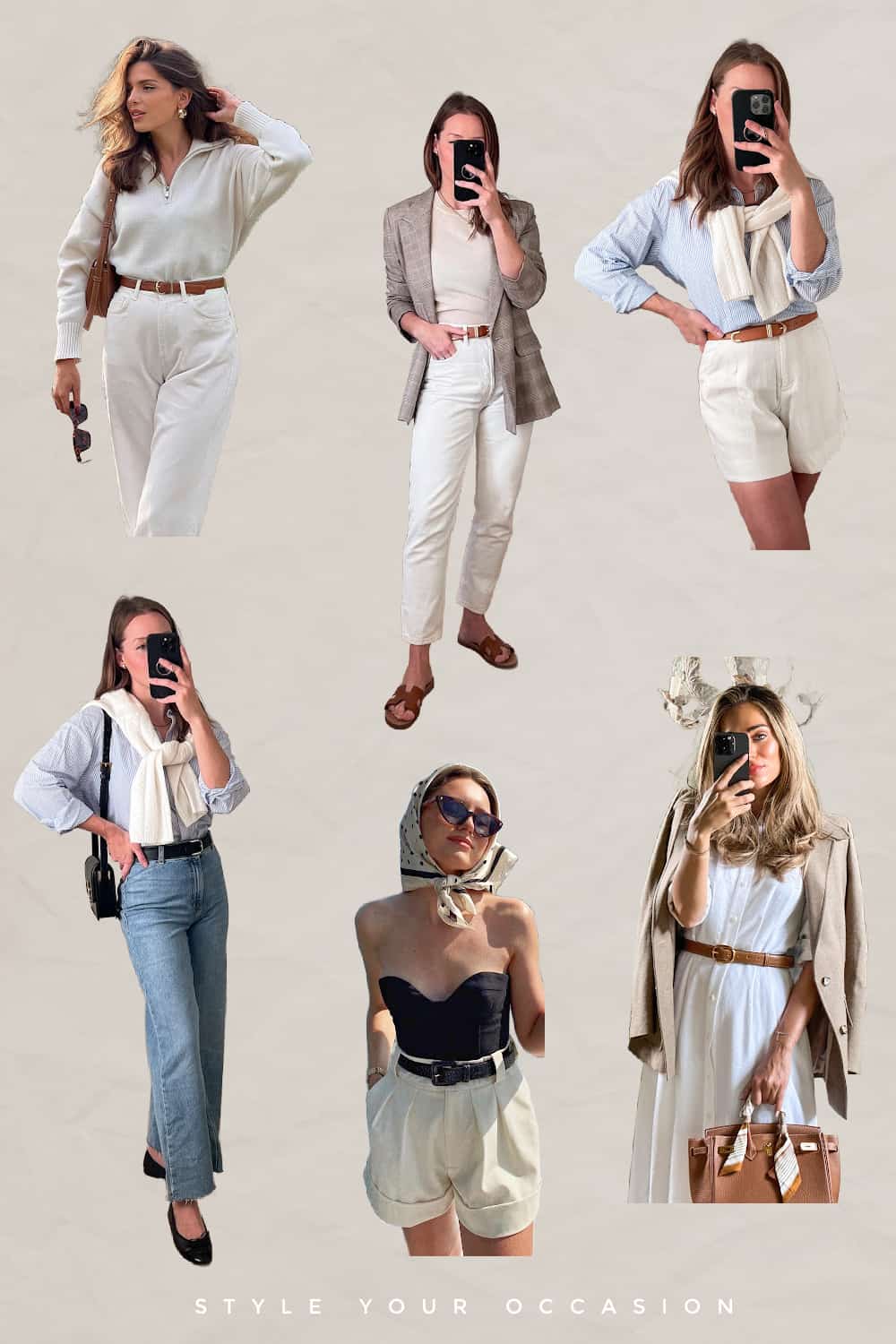 collage of women wearing six outfits with an old money look
