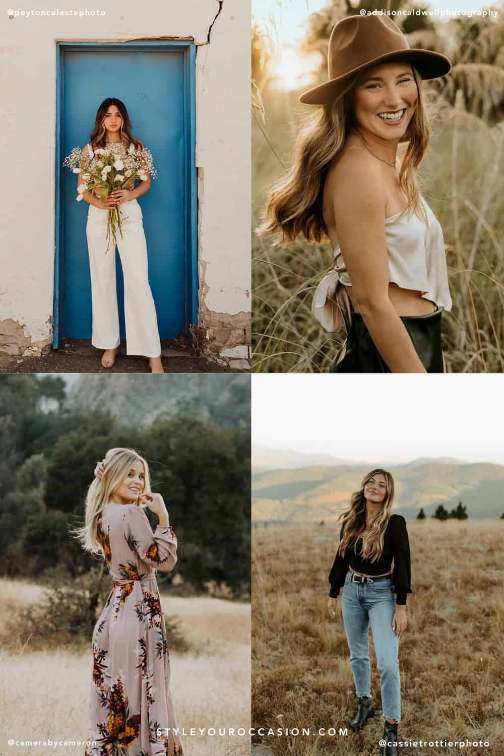collage of four senior pictures with college women wearing stylish outfits
