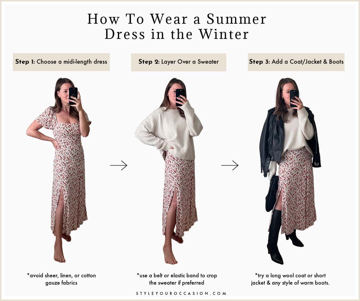 Graphic showing how to wear a summer dress in the winter.