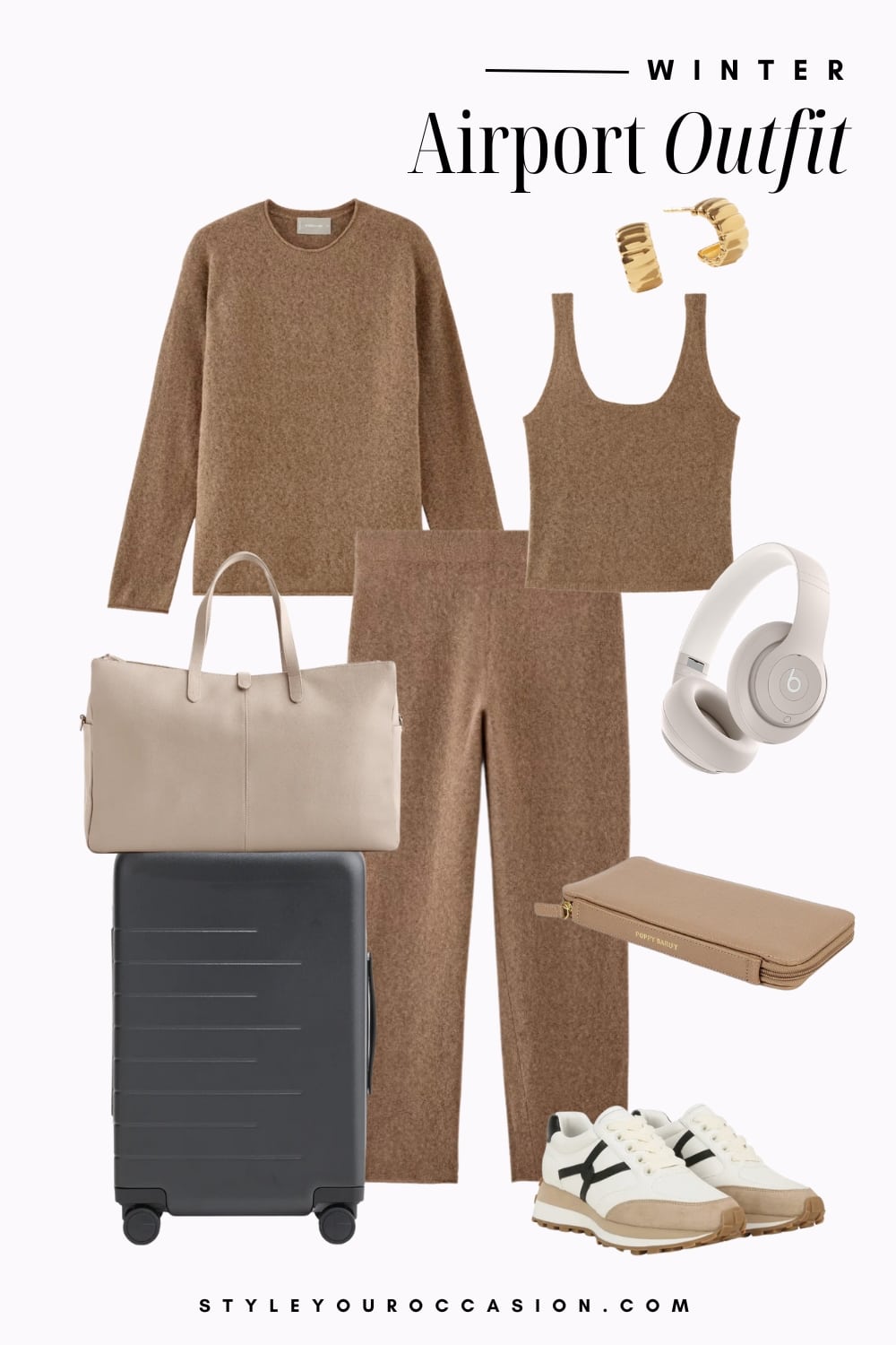 Graphic of a cozy winter airport outfit including a matching sweat pant and sweater set.