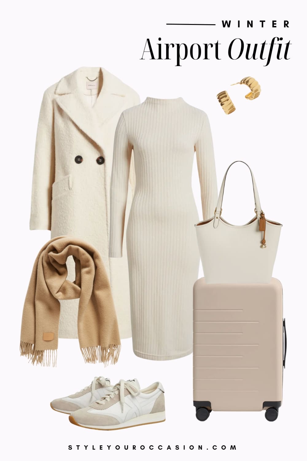 Graphic of a winter airport outfit including a white sweater dress, a white coat, sneakers and a tan scarf.