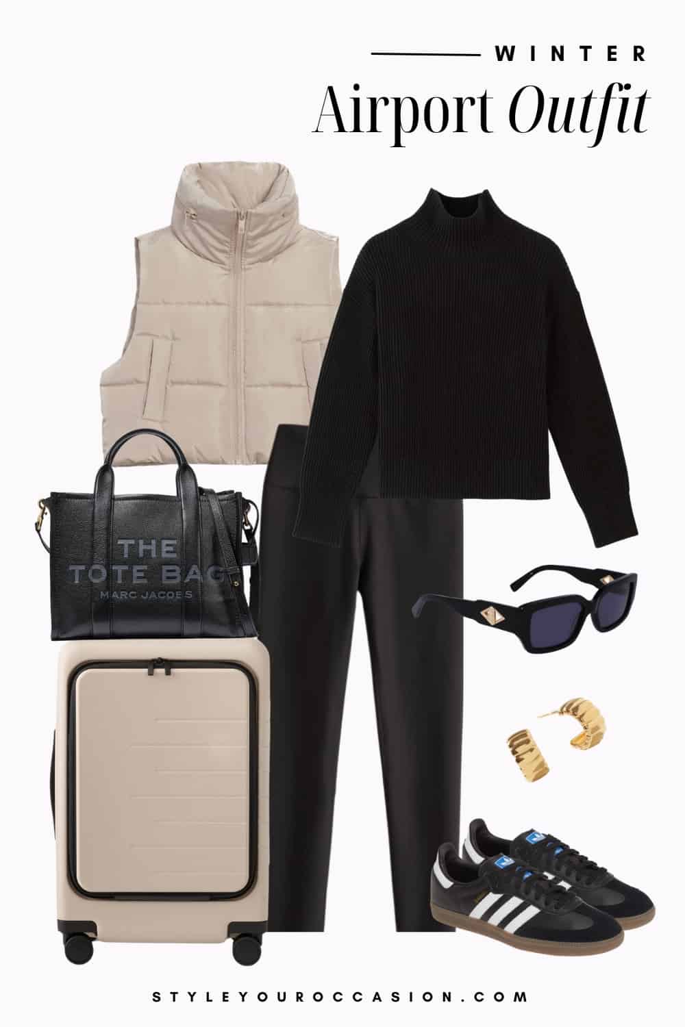 Graphic of a winter airport outfit including a black sweater, black leggings, black sneakers and a tan puffer vest.