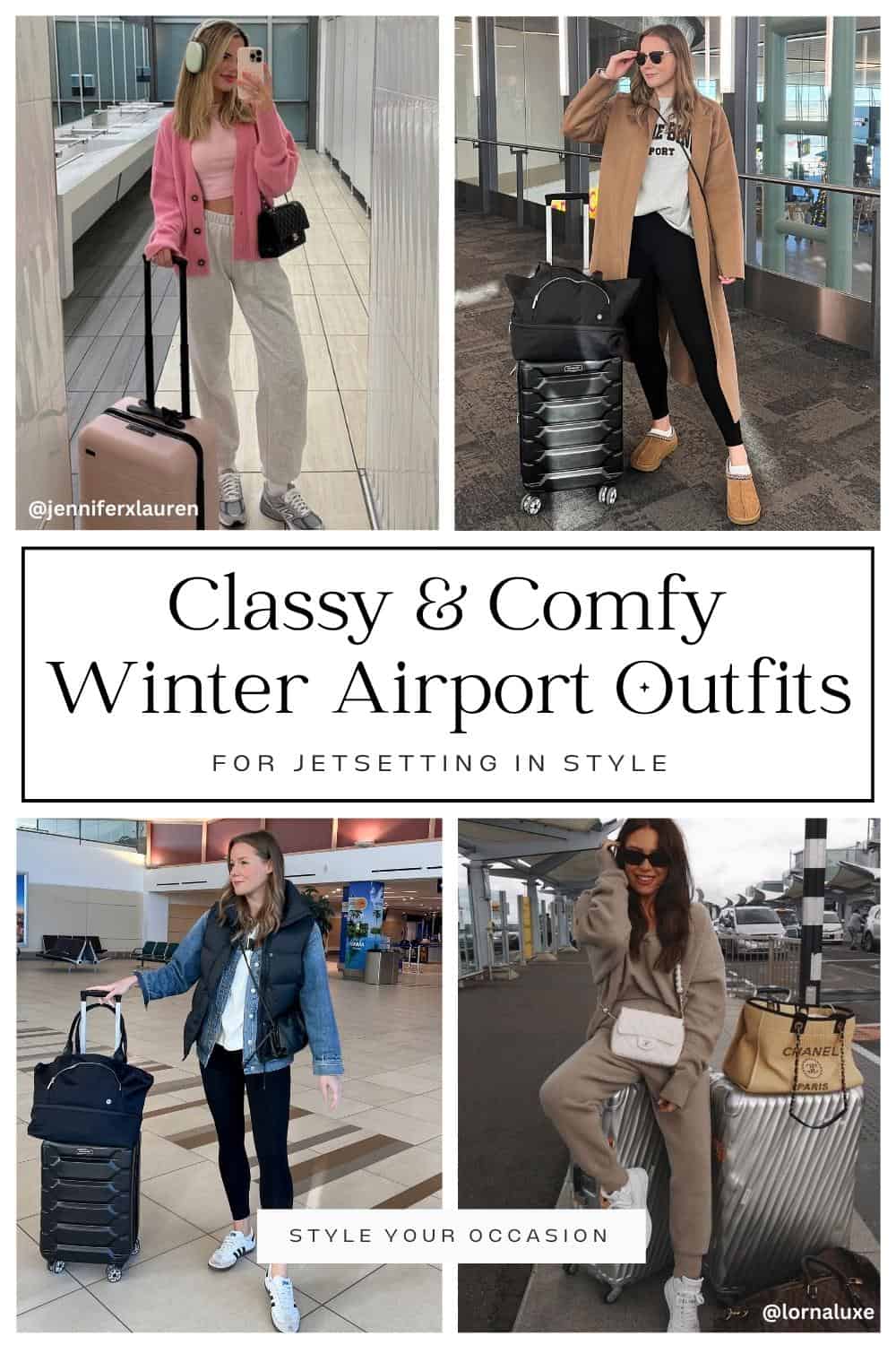 collage of four women wearing comfy winter airport outfits with leggings, puffer vests, sweatpants, and more