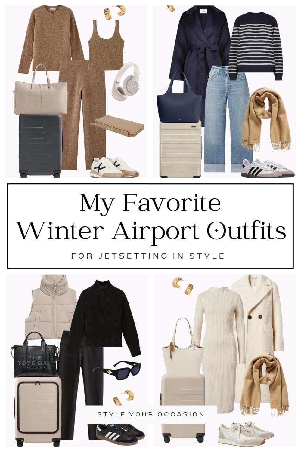 collage of outfit graphics with airport outfits for winter including neutral comfy clothing