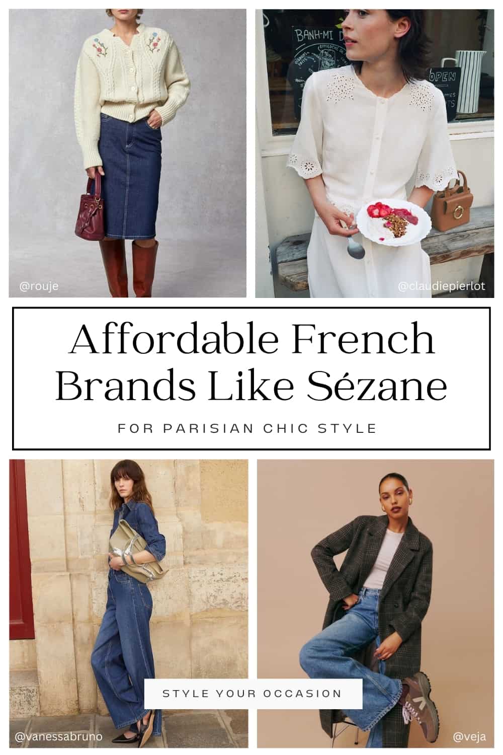 collage of four women wearing outfits from affordable French brands like Sezane