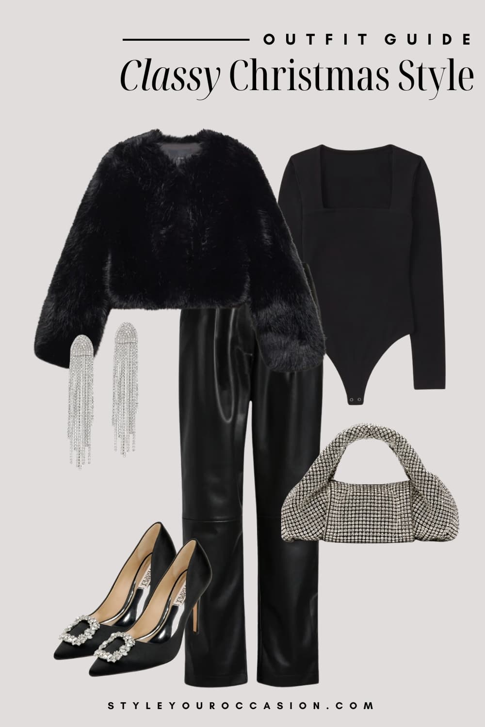 An image board of a Christmas outfit featuring black leather pants, a black square neck bodysuit, a faux fur black top, black heels with silver buckles, a silver rhinestone handbag, and dangly silver earrings