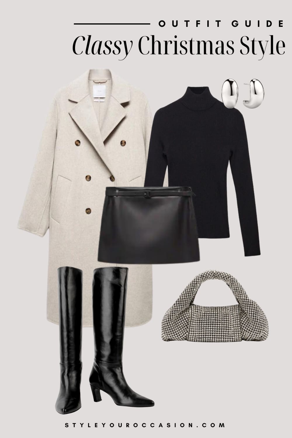 An image board of a Christmas outfit featuring a black leather mini skirt, a black turtleneck sweater, knee-high black leather boots, a long ecru coat, chunky silver hoop earrings, and a rhinestone covered handbag