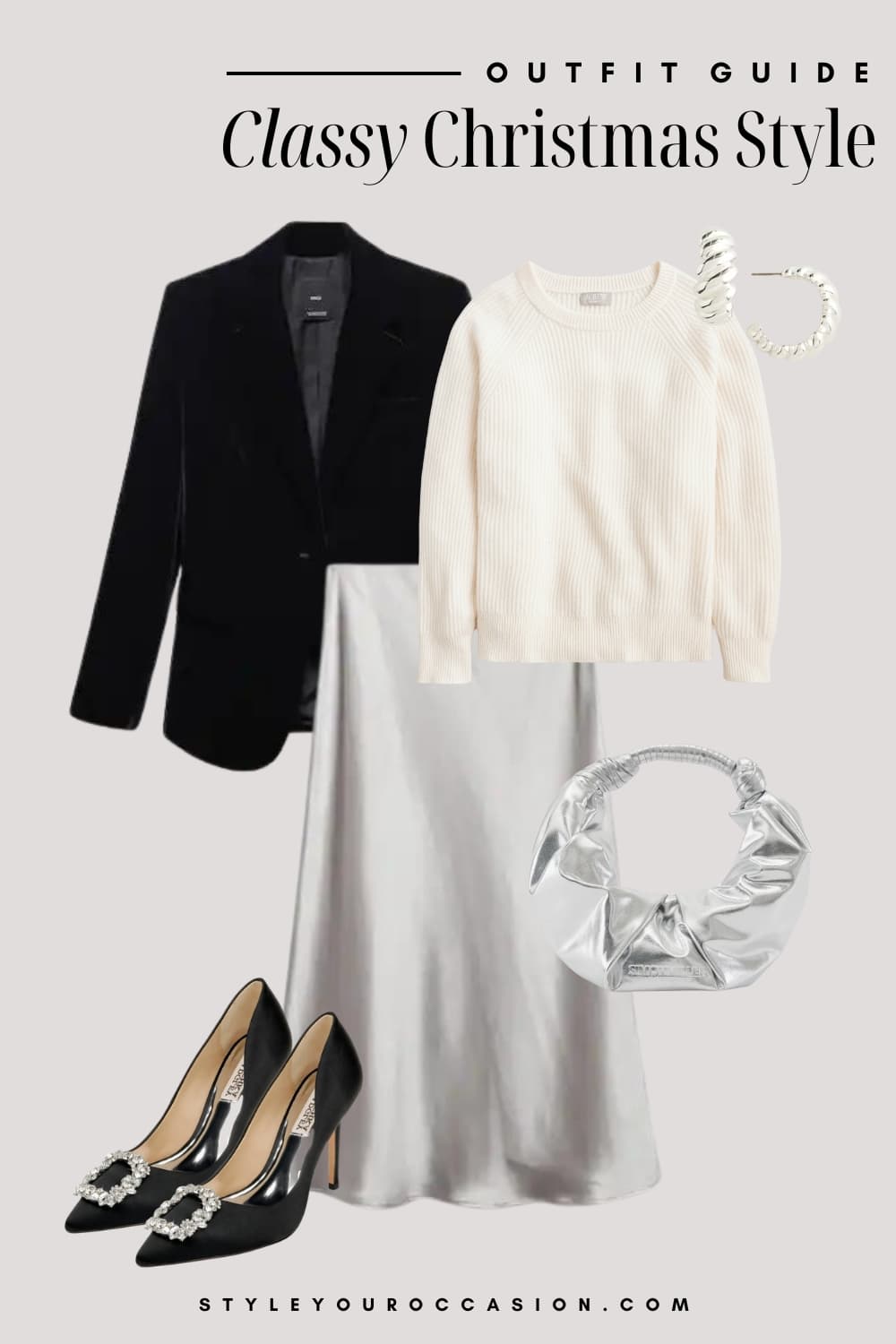 An image board of a Christmas outfit featuring a grey silk midi skirt, a white knit sweater, a black velvet blazer, black heels with silver buckles, a silver half moon purse, and silver croissant hoops